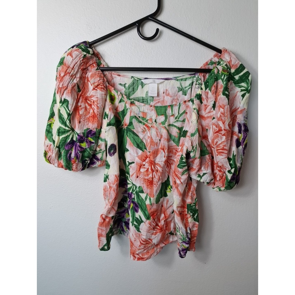 H&M crop top women small multicolored short Sleeves balloon sleeves Blouse Boho